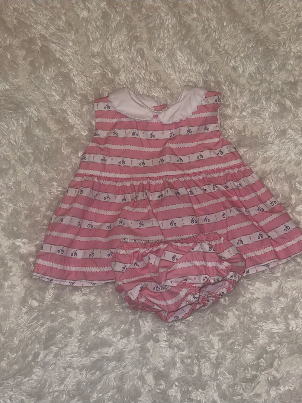 bella bliss Pink & White Striped Dress with Bicycle Print and Matching Bloomers